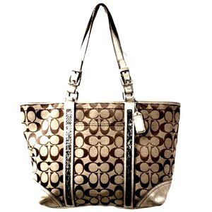 Coach Signature Brown Tan Canvas Tote Bag – Gold Leather Trim Handles G05J-8K52
